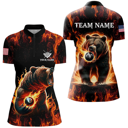 Custom Funny Bear & 8 Ball Pool Fire Flame Women Quarter-Zip Shirts, Billiard Team Jersey TDM1315