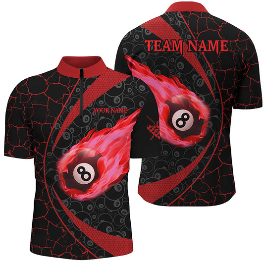 Personalized Black Red Billiard Fire Flame Men Quarter-Zip Shirts, 8 Ball Pool Team Shirts TDM1316
