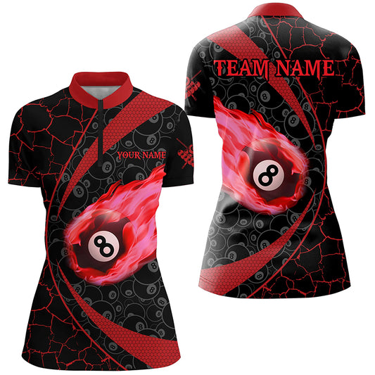 Personalized Black Red Billiard Fire Flame Women Quarter-Zip Shirts, 8 Ball Pool Team Shirts TDM1316
