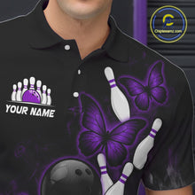 Load image into Gallery viewer, Black And Purple Custom Butterfly Bowling Shirt For Men, Bowling Team Jersey Polo &amp; 1/4 Zip Shirt TDM6180