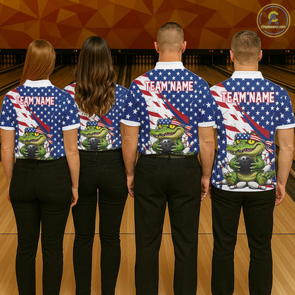 Four people wearing matching shirts with a team name and graphic design on a bowling alley.