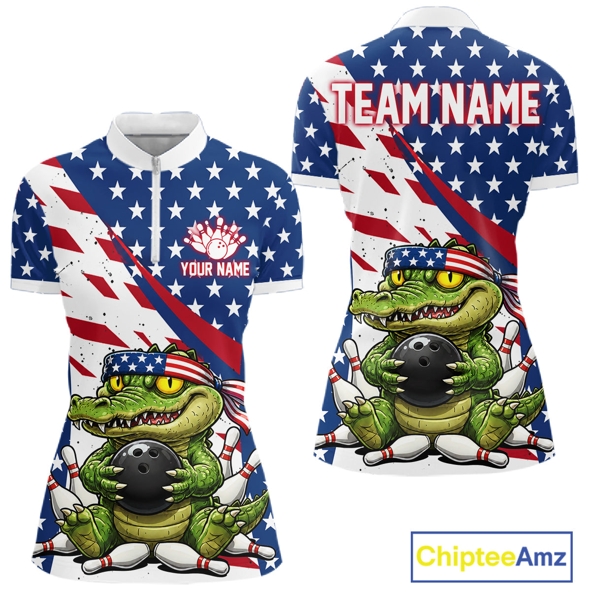 A quarter zip shirts with an alligator holding a bowling ball design, one with an American flag pattern and customized name text