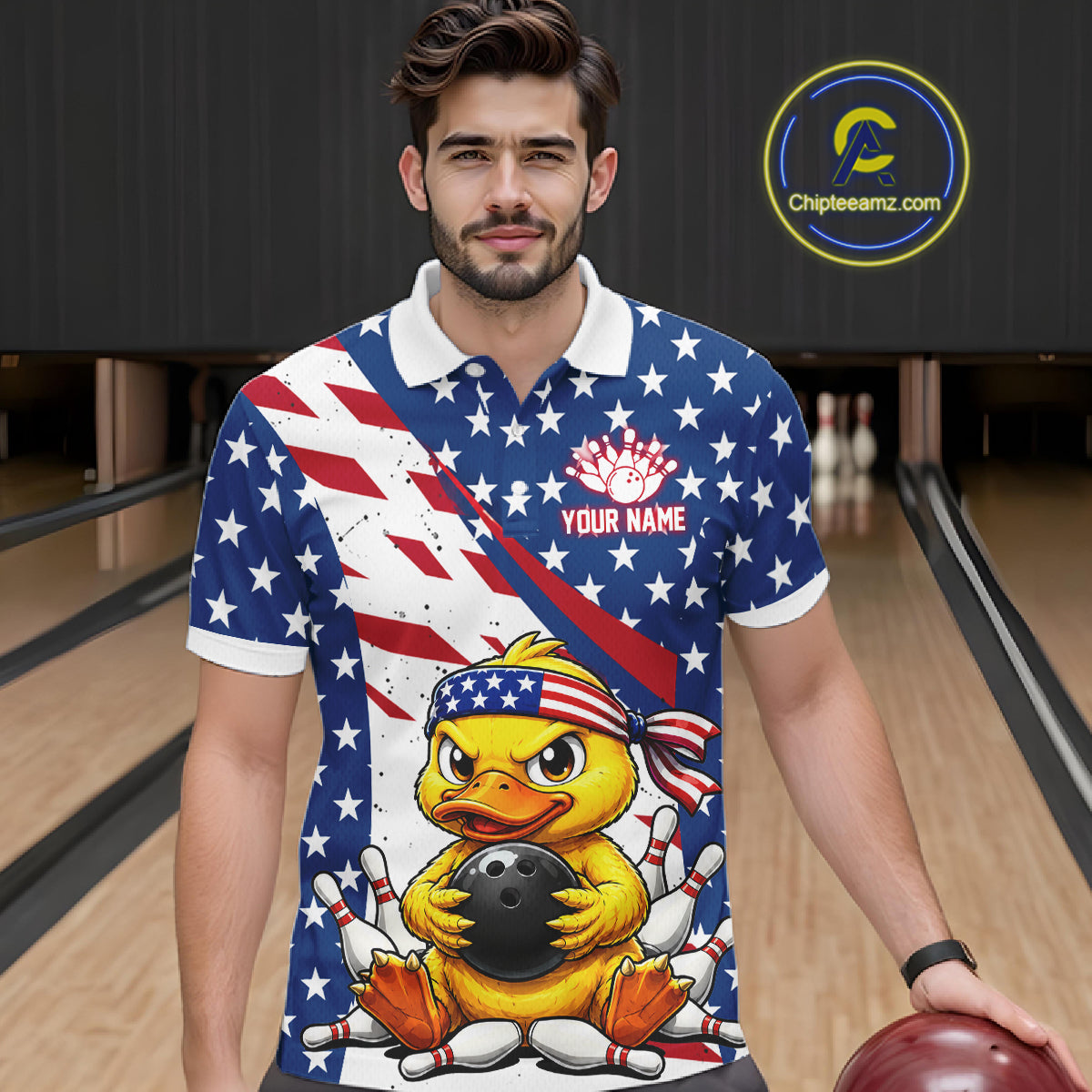 Man wearing a patriotic polo shirt with a duck graphic in a bowling alley.
