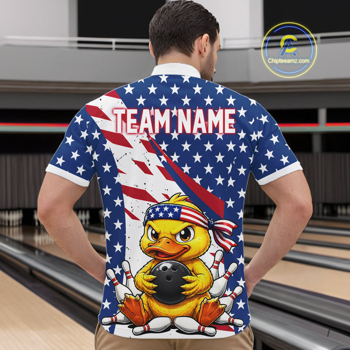 Person wearing a bowling-themed shirt with an American flag design and 'Team Name' text.