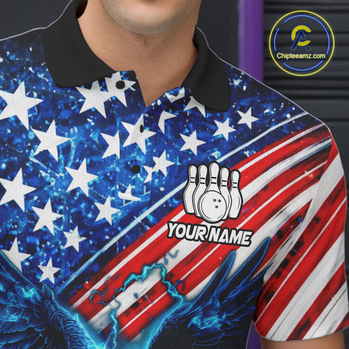 Polo shirt with American flag design and bowling graphic