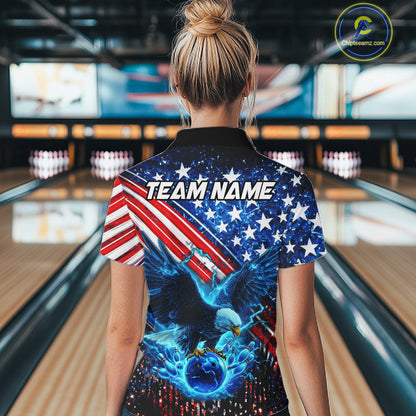 Person wearing an American flag bowling shirt with an eagle design and 'Team Name' text in a bowling alley.