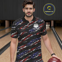 Load image into Gallery viewer, Man wearing a black American flag bowling polo shirt front view, custom bowling league jersey for men.