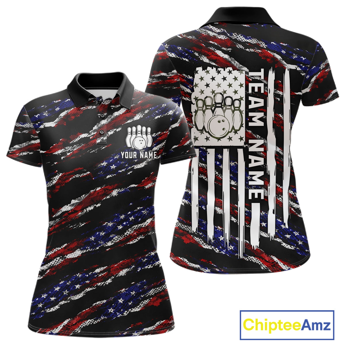 Black American flag custom bowling polo shirt for women, patriotic bowling team jersey for league tournaments.