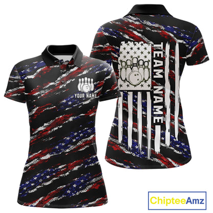 Black American flag custom bowling polo shirt for women, patriotic bowling team jersey for league tournaments.