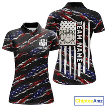 Load image into Gallery viewer, Black American flag custom bowling polo shirt for women, patriotic bowling team jersey for league tournaments.