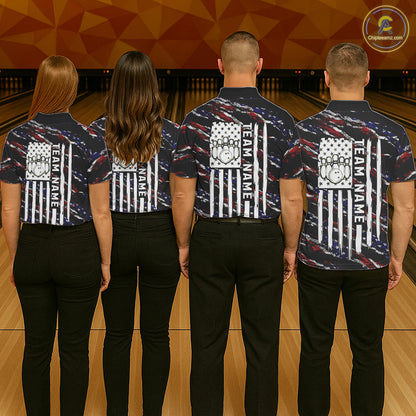 Back view of bowling team wearing matching black American flag bowling league jerseys.