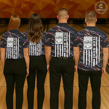 Load image into Gallery viewer, Back view of bowling team wearing matching black American flag bowling league jerseys.