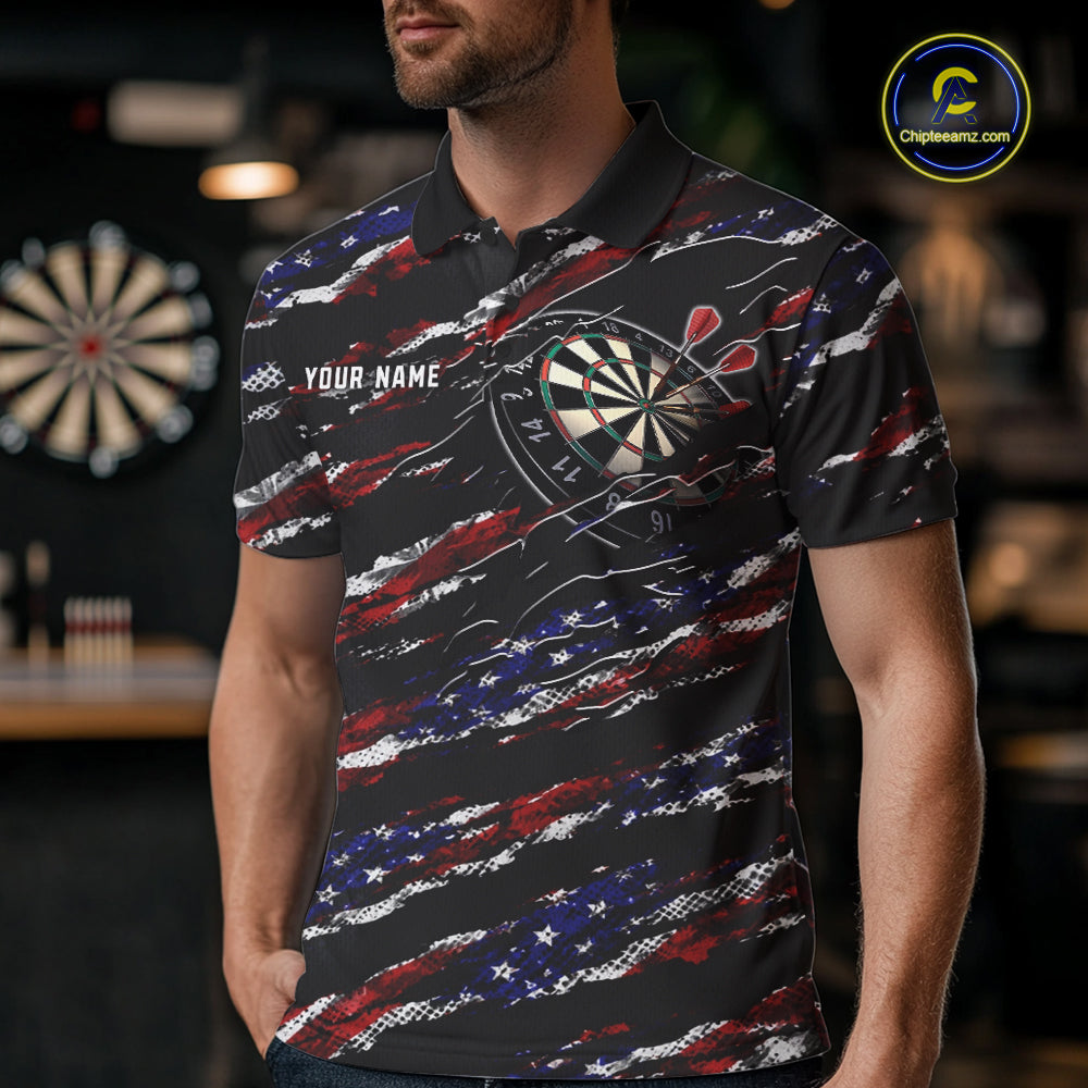 Man wearing a black American flag darts jersey front view, personalized patriotic darts team shirt.