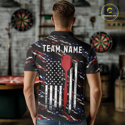 Back view of man wearing a black American flag darts team jersey, custom darts tournament apparel.