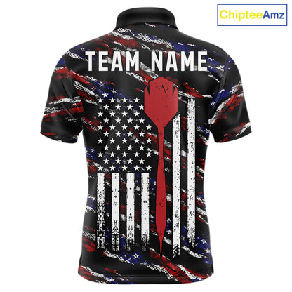 Black American flag darts team polo shirt for men with patriotic USA flag graphics.