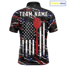 Load image into Gallery viewer, Black American flag darts team polo shirt for men with patriotic USA flag graphics.