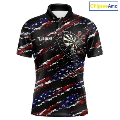 Black American flag custom darts polo shirt for men, patriotic darts team jersey for league tournaments.