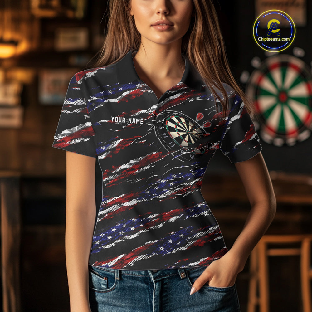 Woman wearing a black American flag darts jersey front view, personalized patriotic darts team shirt.