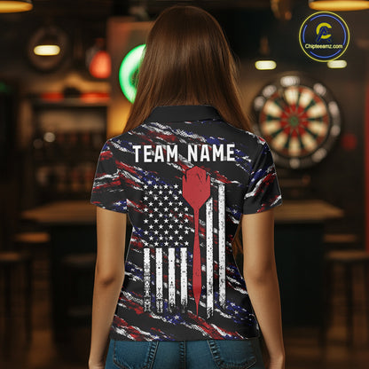 Back view of woman wearing a black American flag darts team jersey, custom darts tournament apparel.