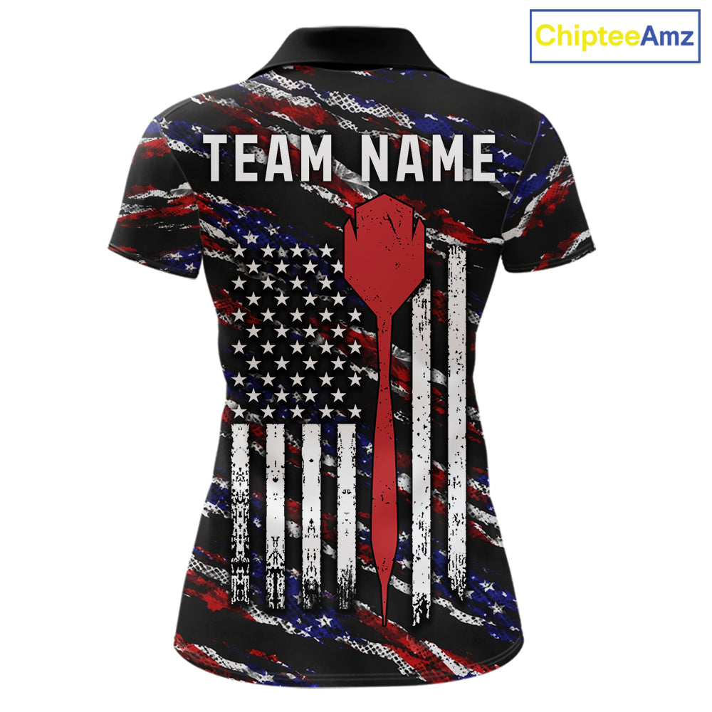 Black American flag darts team polo shirt for women with patriotic USA flag graphics.