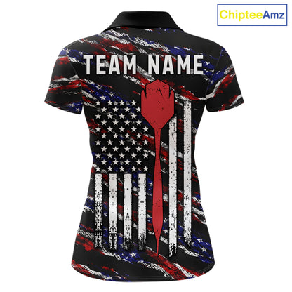 Black American flag darts team polo shirt for women with patriotic USA flag graphics.