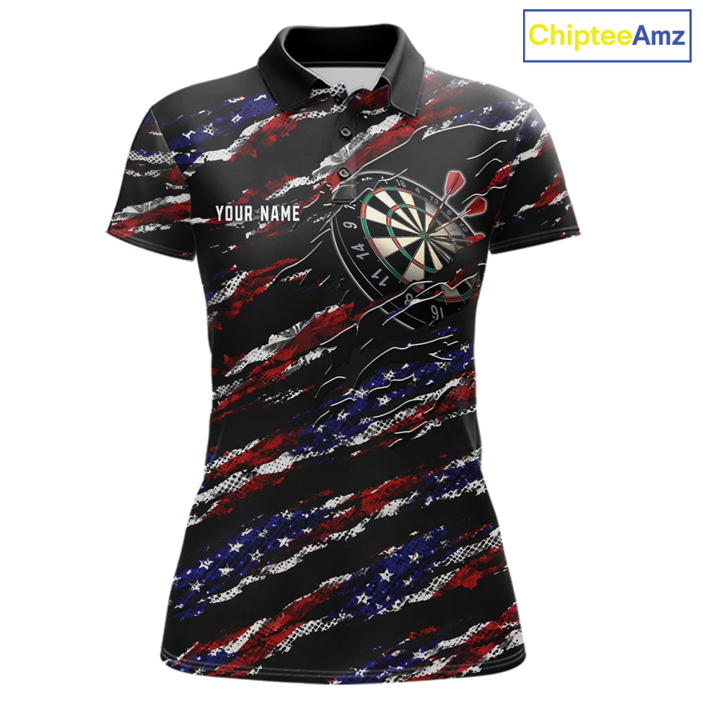 Black American flag custom darts polo shirt for women, patriotic darts team jersey for league tournaments.