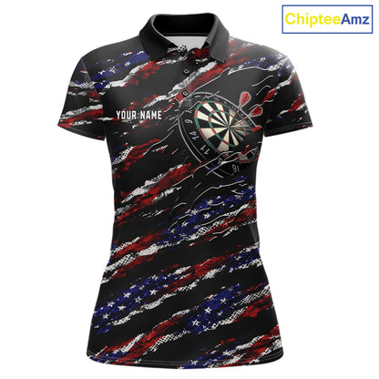 Black American flag custom darts polo shirt for women, patriotic darts team jersey for league tournaments.