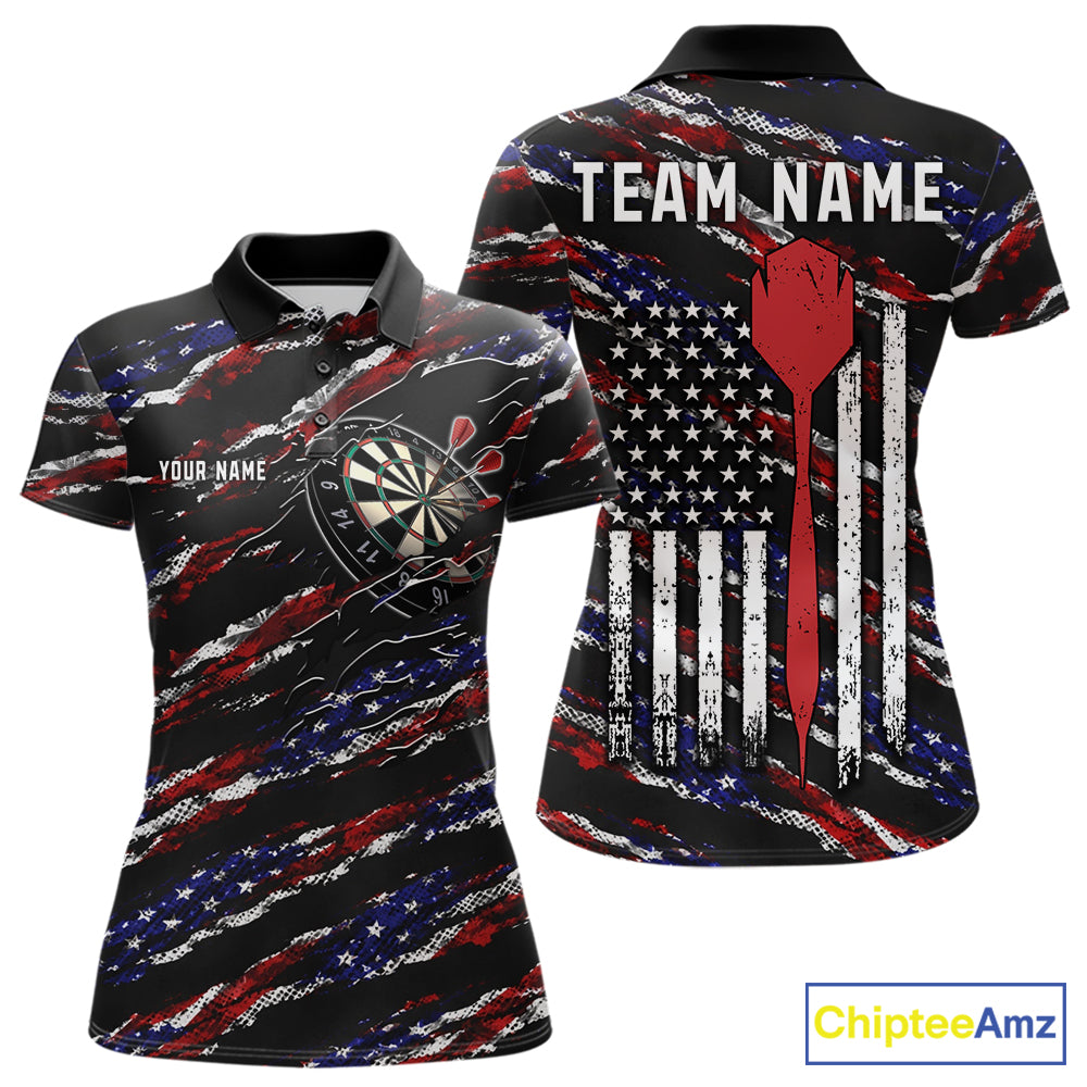 Black American flag custom darts polo shirt for women, patriotic darts team jersey for league tournaments.