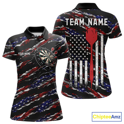 Black American flag custom darts polo shirt for women, patriotic darts team jersey for league tournaments.