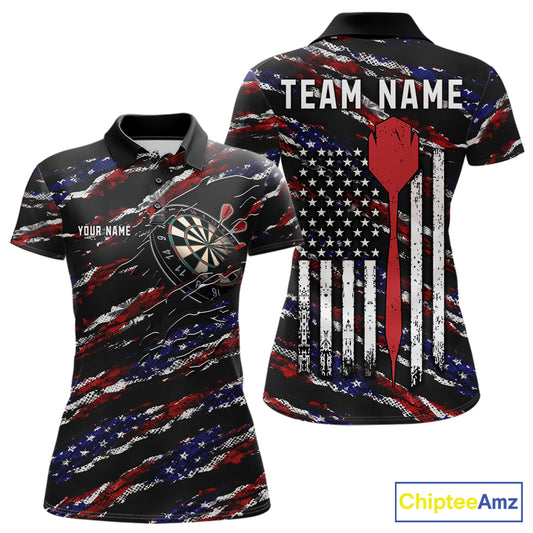 Black American flag custom darts polo shirt for women, patriotic darts team jersey for league tournaments.