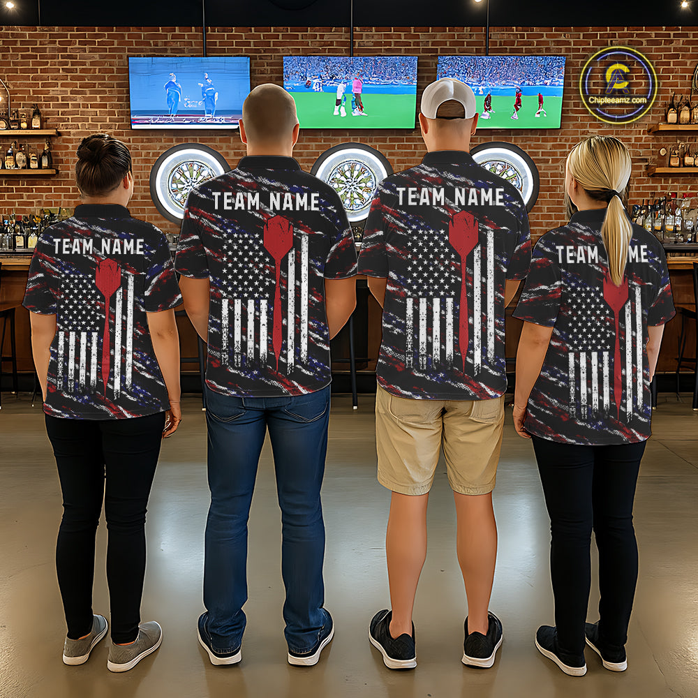 Back view of darts team wearing matching black American flag darts shirts.
