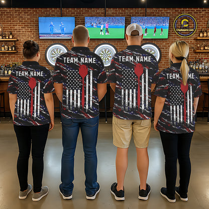 Back view of darts team wearing matching black American flag darts shirts.