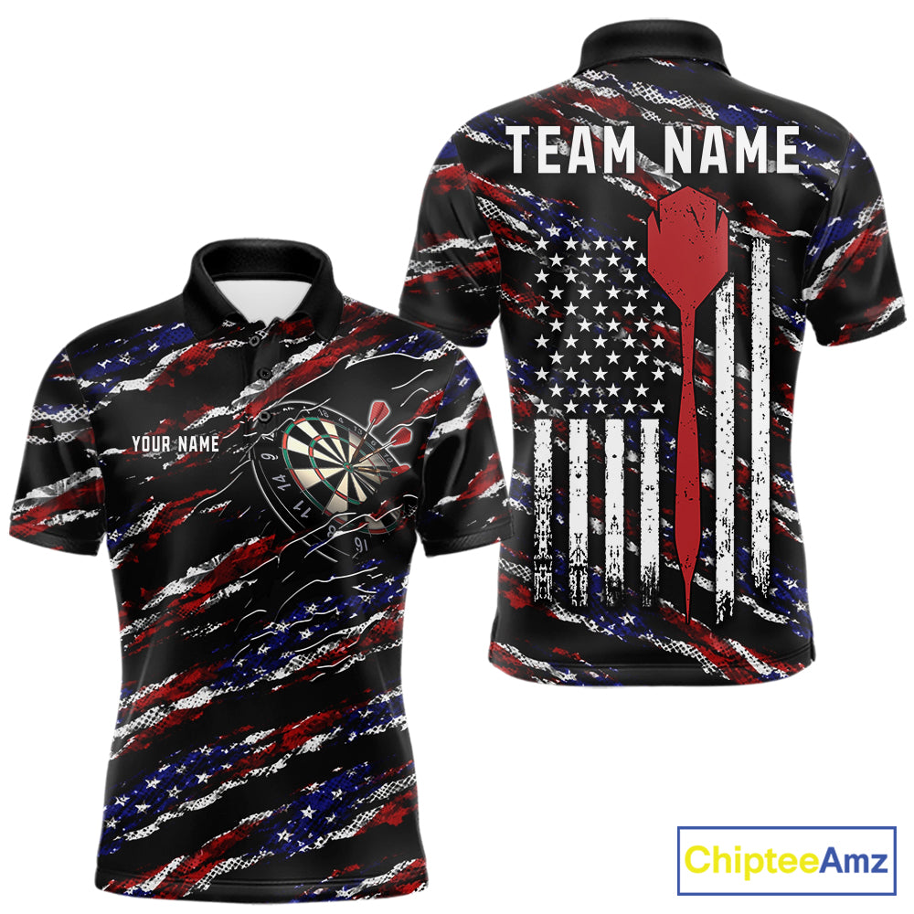 Black American flag custom darts polo shirt for men, patriotic darts team jersey for league tournaments.