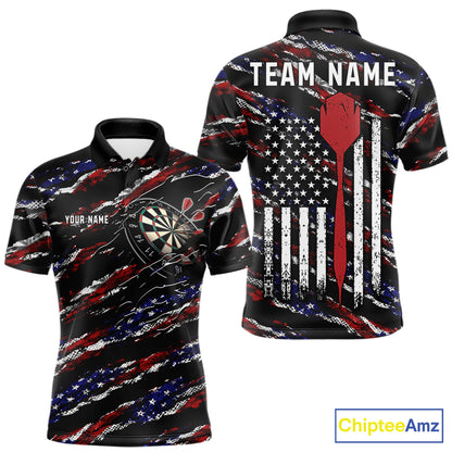 Black American flag custom darts polo shirt for men, patriotic darts team jersey for league tournaments.