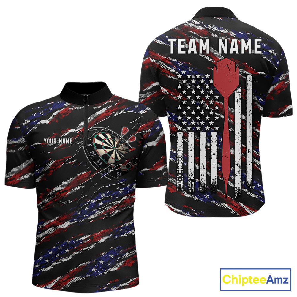 Black American flag quarter zip darts shirt for men, custom darts team jersey and tournament apparel.