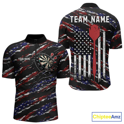 Black American flag quarter zip darts shirt for men, custom darts team jersey and tournament apparel.