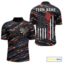 Load image into Gallery viewer, Black American flag quarter zip darts shirt for men, custom darts team jersey and tournament apparel.