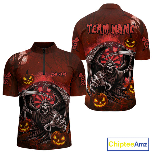 Funny Red Grim Reaper Halloween Darts Shirt For Men Custom Darts Jersey Team Polo & Quarter Zip TDM4665