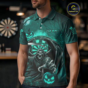 Turquoise Grim Reaper Halloween Darts Shirt For Men Custom Darts Jersey Team Polo & Quarter Zip TDM4666