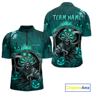 Turquoise Grim Reaper Halloween Darts Shirt For Men Custom Darts Jersey Team Polo & Quarter Zip TDM4666