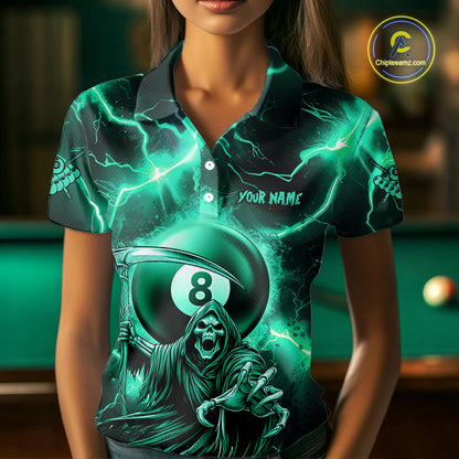 Turquoise Grim Reaper 8 Ball Women's Billiard Shirt Custom Thunder Lightning Pool Team Jersey TDM4872
