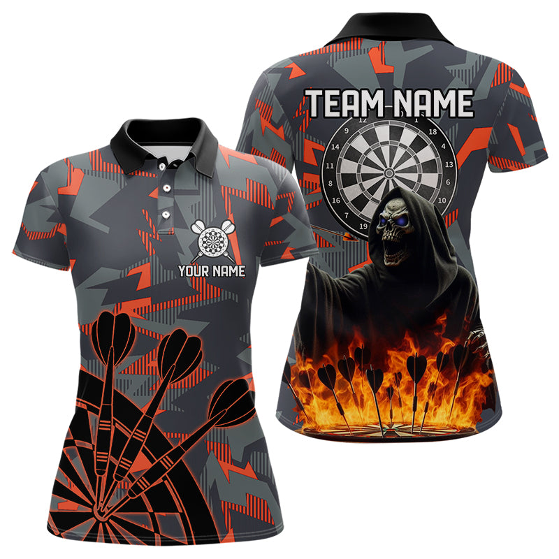 Personalized Grim Reaper Fire Camo Dart Shirts For Women Custom Camouflage Darts League Jerseys TDM3072