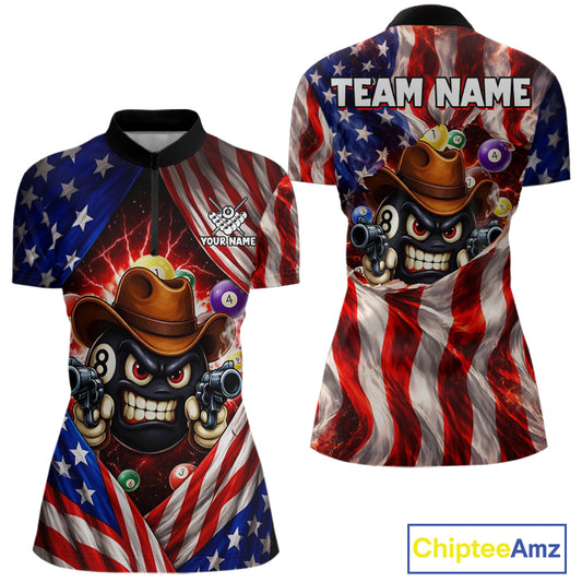 Glowing American Flag Funny 8 Ball Billiard Shirt For Women Custom Patriotic Pool Team Jersey TDM5570