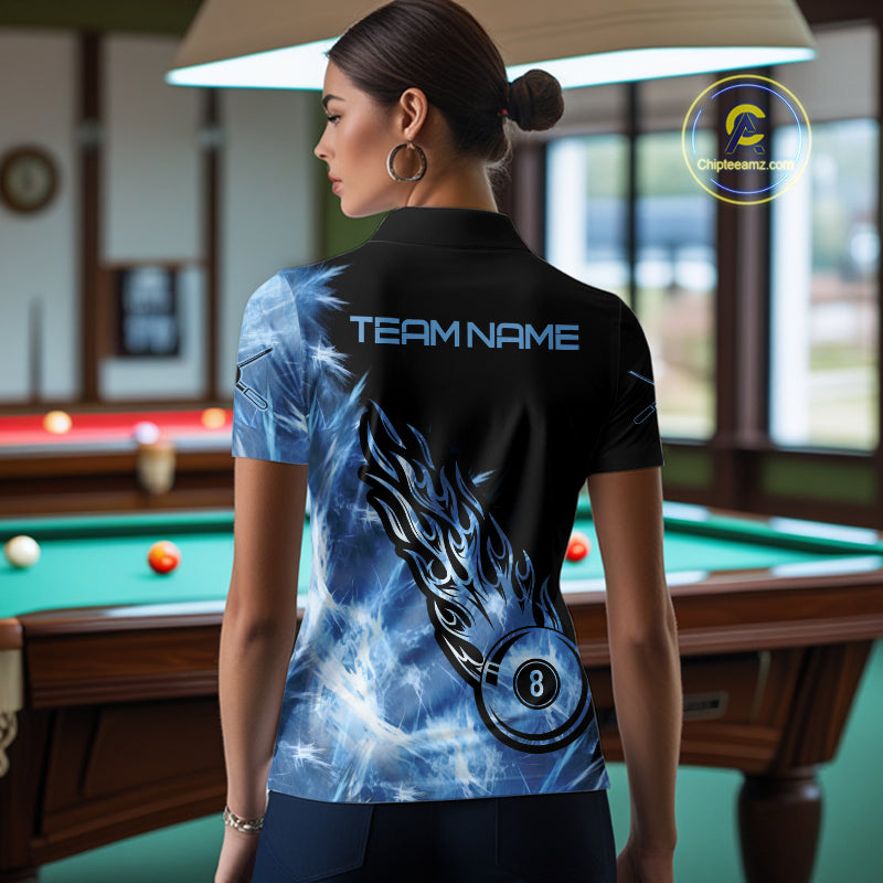 Black And Blue Flaming Icy 8 Ball Pool Billiard Shirt For Women Custom Billiard Team Jersey TDM5808