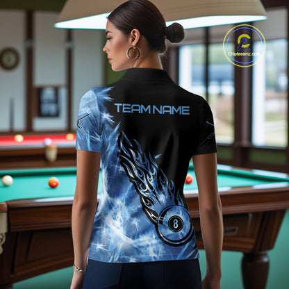 Black And Blue Flaming Icy 8 Ball Pool Billiard Shirt For Women Custom Billiard Team Jersey TDM5808