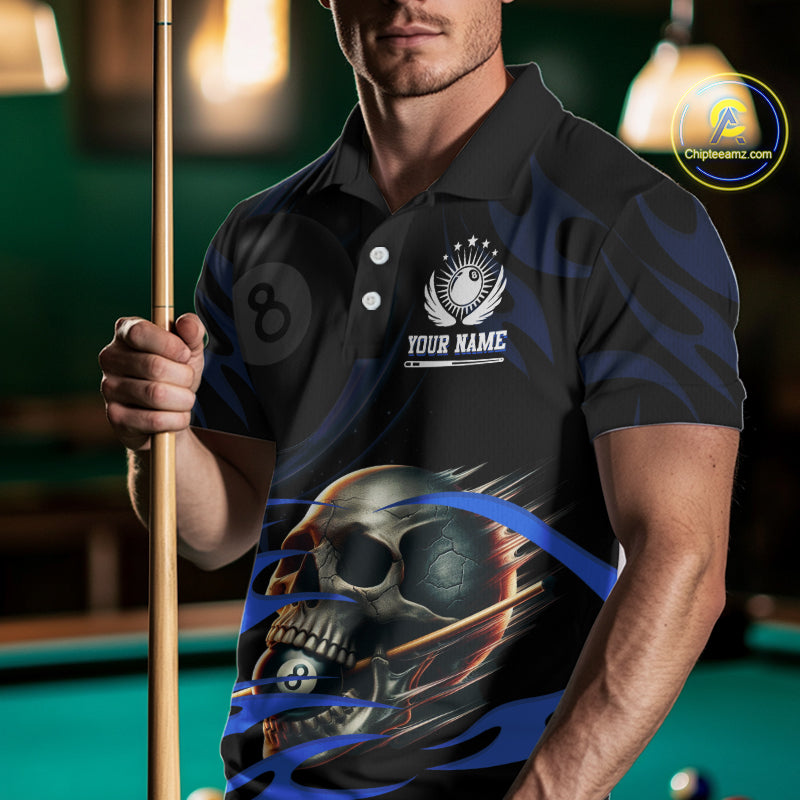 Funny Skull 8 Ball Pool Custom Billiard Polo & Quarter-Zip Shirts For Men, Billiard 8 Ball Jerseys TDM1695