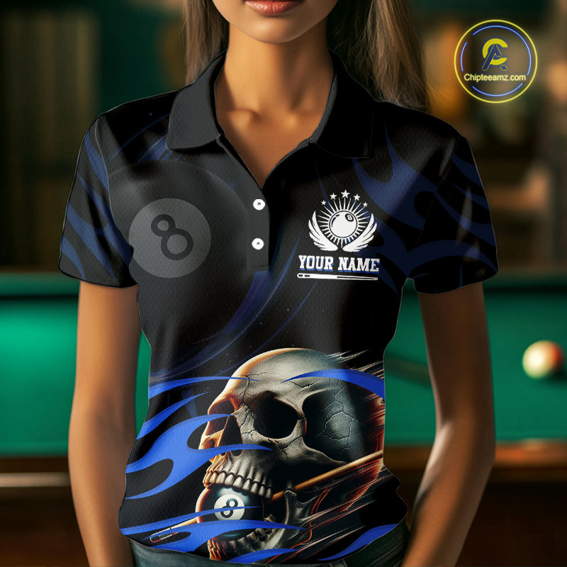 Funny Skull 8 Ball Pool Custom Billiard Polo & Quarter-Zip Shirts For Women, Billiard 8 Ball Jerseys TDM1695