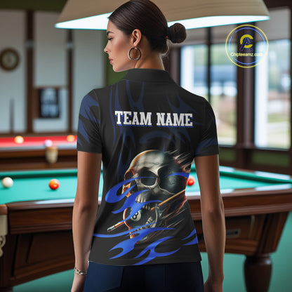 Funny Skull 8 Ball Pool Custom Billiard Polo & Quarter-Zip Shirts For Women, Billiard 8 Ball Jerseys TDM1695