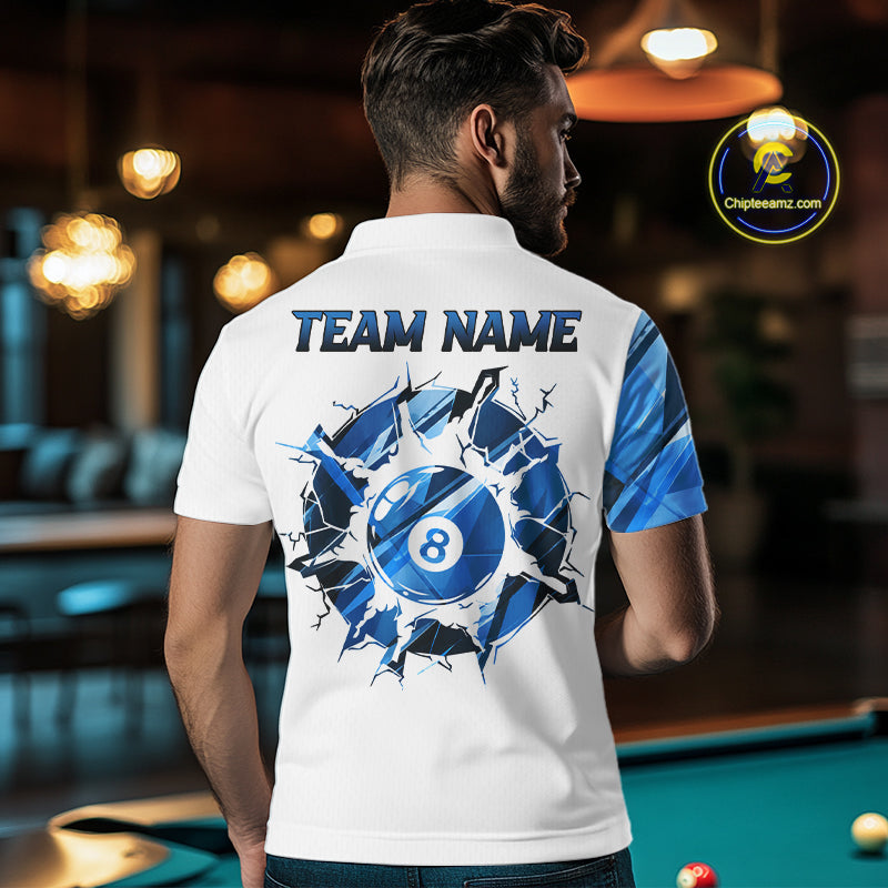 Custom Blue And White 8 Ball Pool Billiard Jersey For Men, Billiard Team Shirts Polo & 1/4 Zip TDM6609
