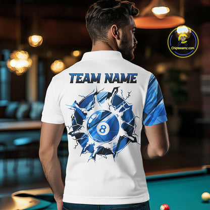 Custom Blue And White 8 Ball Pool Billiard Jersey For Men, Billiard Team Shirts Polo & 1/4 Zip TDM6609